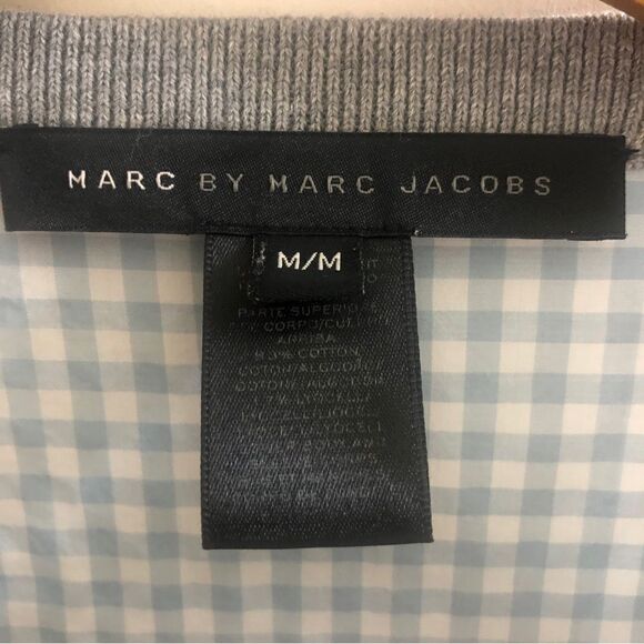Marc by Marc Jacobs Blue White Gingham & Grey Mix Media Cardigan Size Medium - Picture 3 of 4